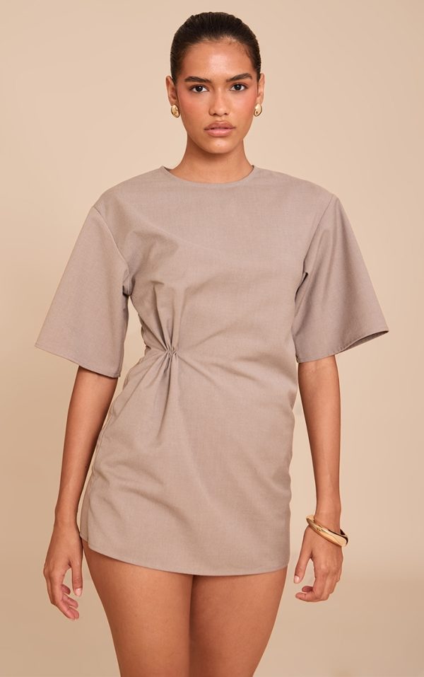 Mushroom Woven Asymmetric Cinched Skort Romper