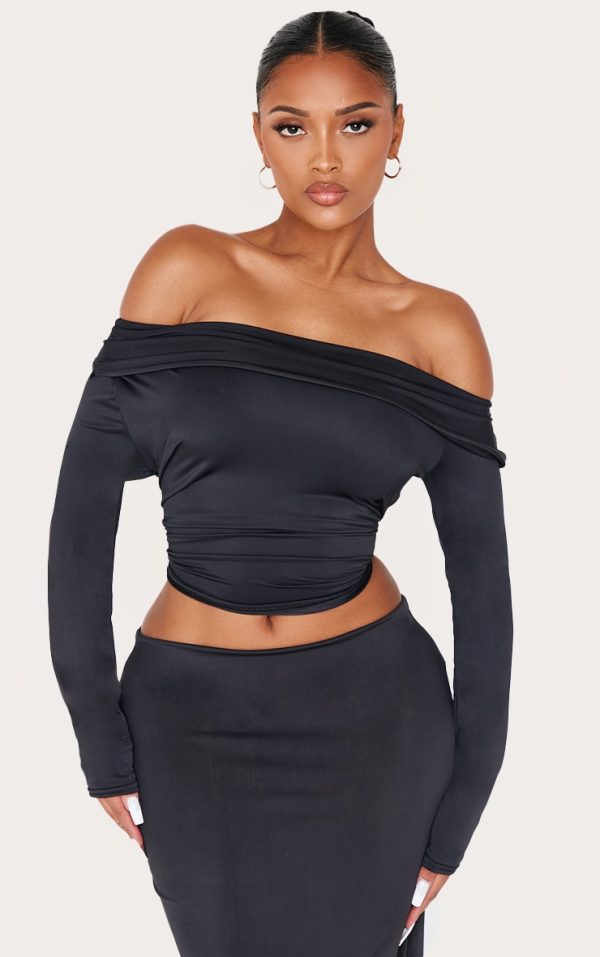 Shape Black Sculpt Fold Over Bardot Long Sleeve Top