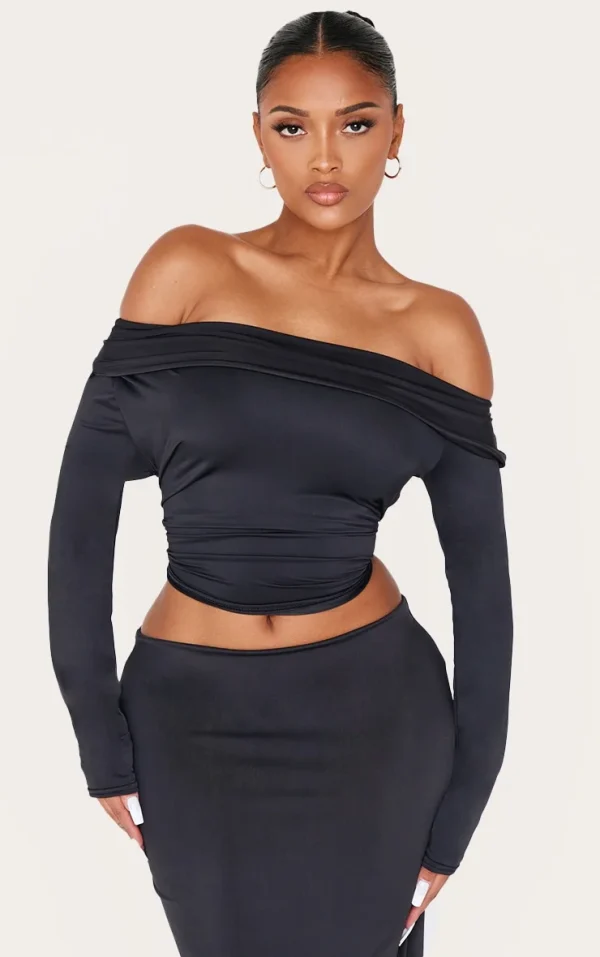 Shape Black Sculpt Fold Over Bardot Long Sleeve Top