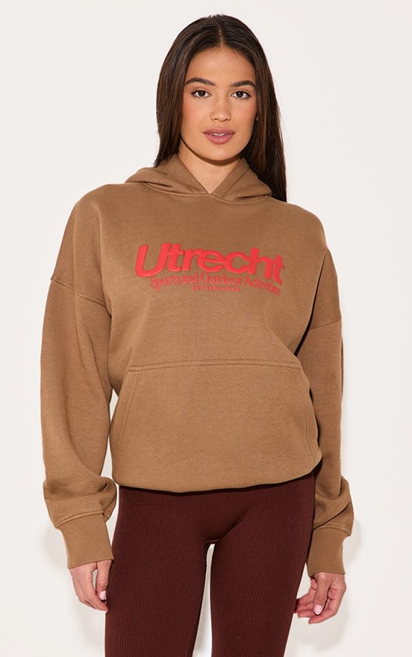Taupe Sports Puff Print Oversize Hoodie