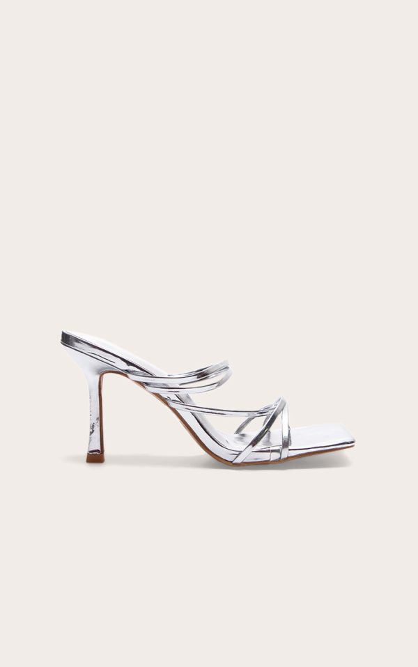 Silver PU Square Toe Multi Cross Strap Detail Mid Heeled Mules