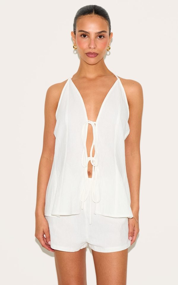 Petite White Woven Halterneck Tie Front Top