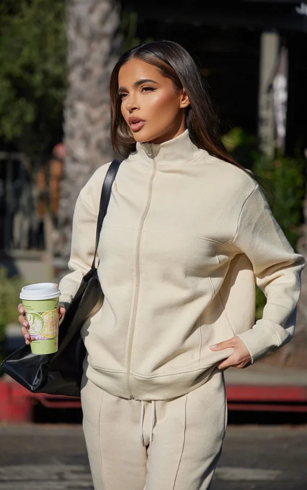 Beige Seam Detail Zip Through Sweatshirt