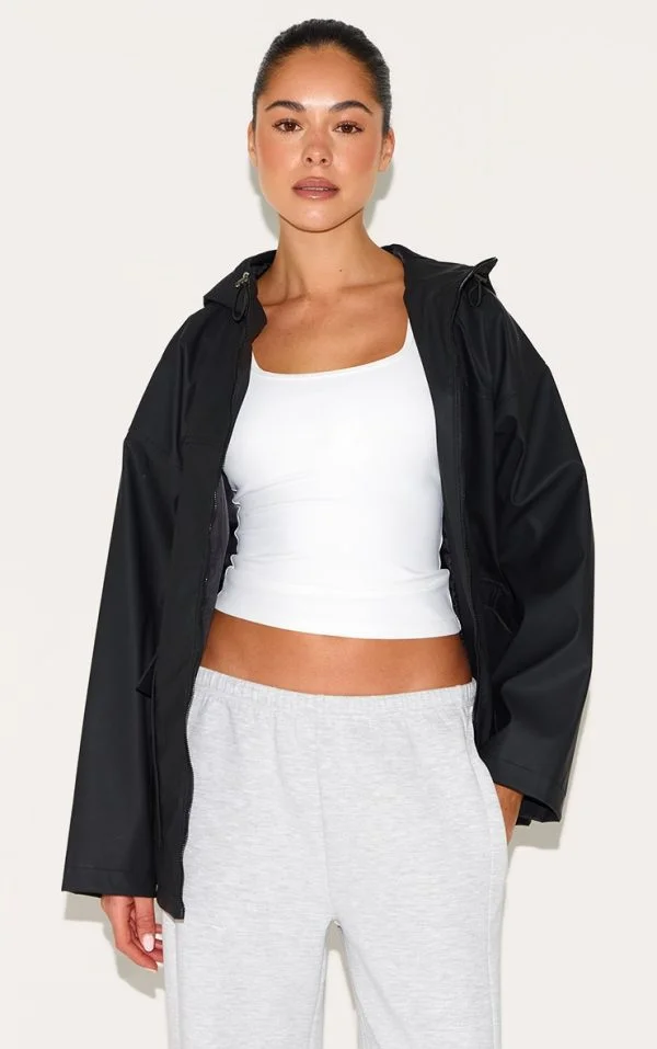 Black Rubberised Zip Up Jacket With Hood