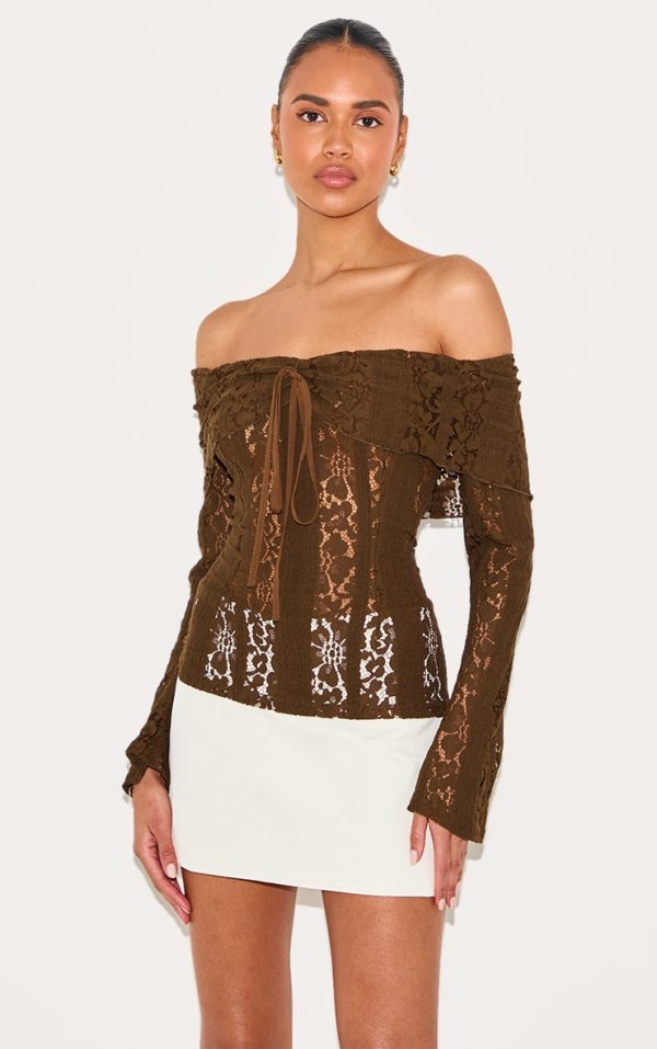 Chocolate Fitted Lace Flared Sleeve Bardot Top