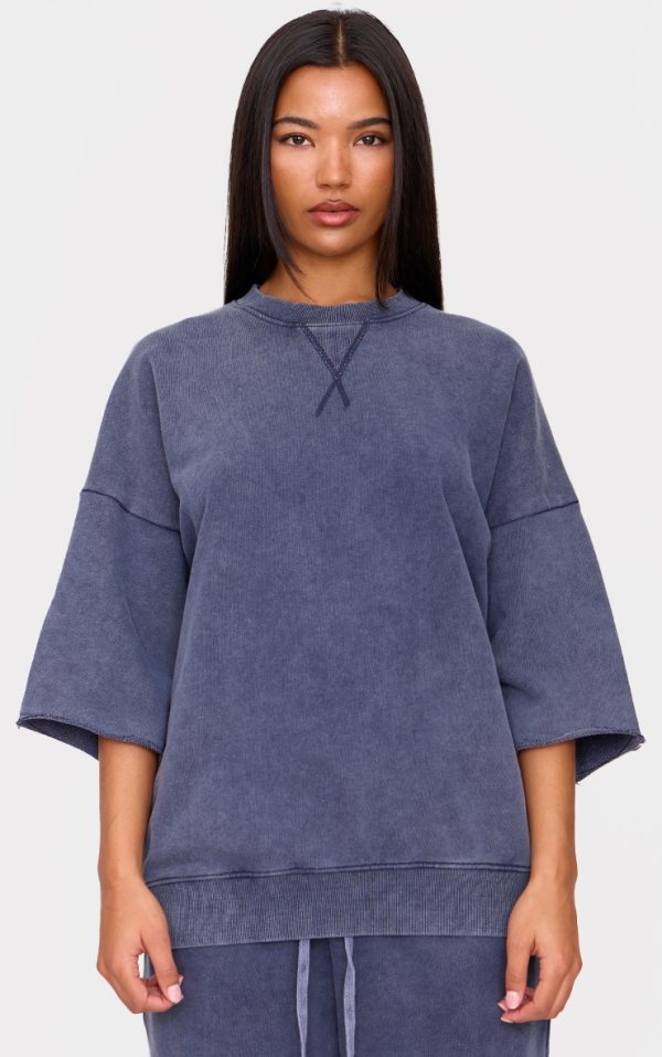 Navy Vintage Wash Oversized Short Sleeve Sweatshirt