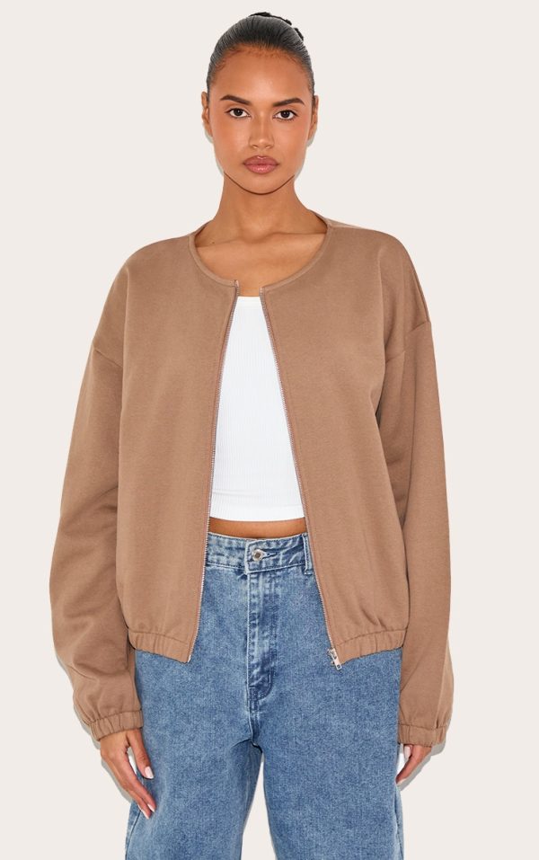 Taupe Premium Oversized Boxy Collarless Zip Sweat Top
