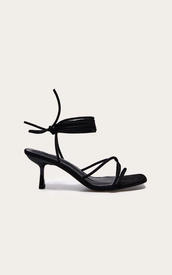 Black Wide Fit Faux Suede Strappy Lace Up Low Heel Sandals