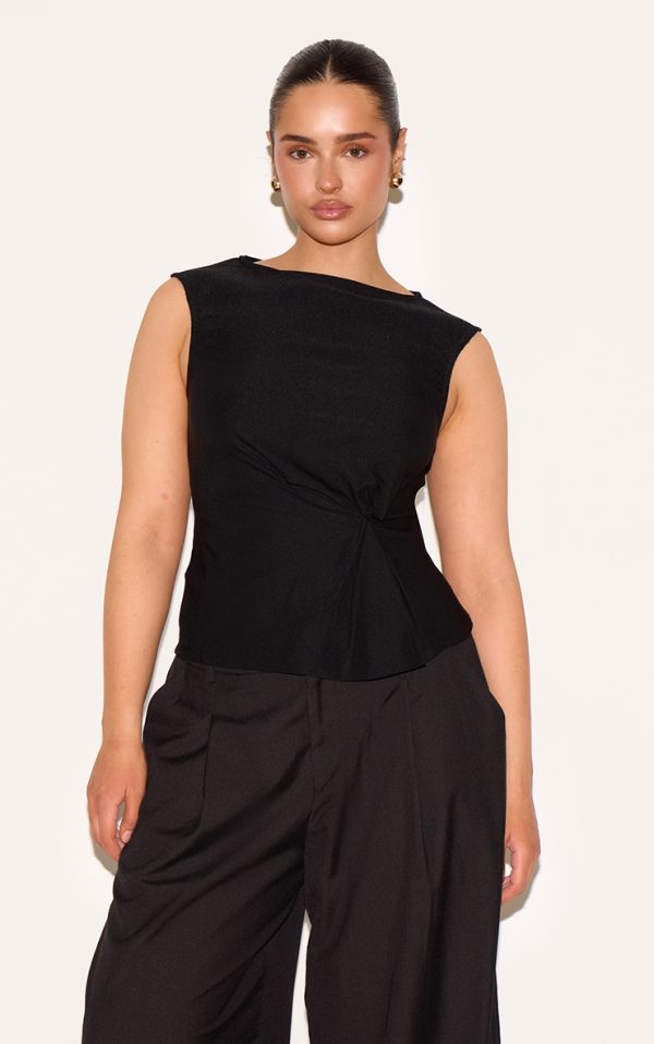 Shape Black Stretch Woven Boat Neck Pleated Peplum Top