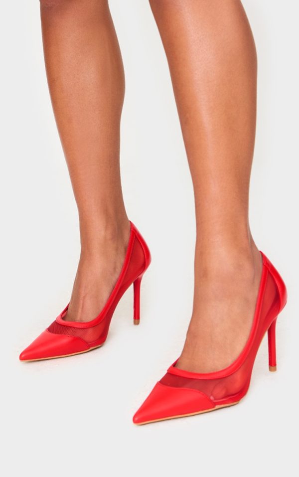 Red Mesh Wide Fit Point Toe Contrast High Stiletto Court Heels