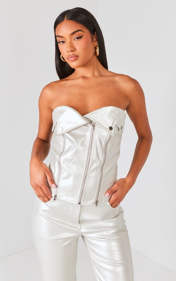 Silver Metallic Faux Leather Zip Up Biker Detail Corset
