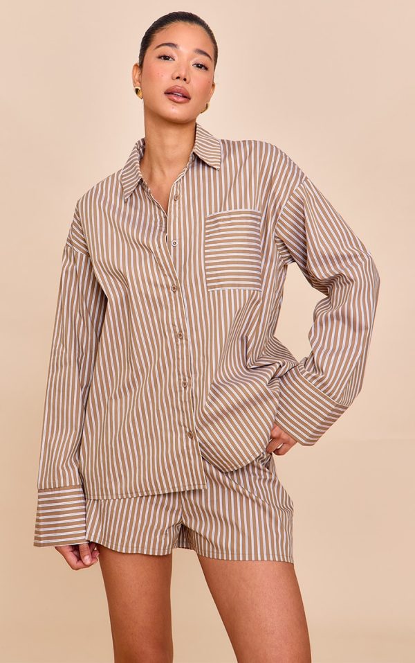 Olive Woven Pinstripe Balloon Sleeve Oversized Shirt