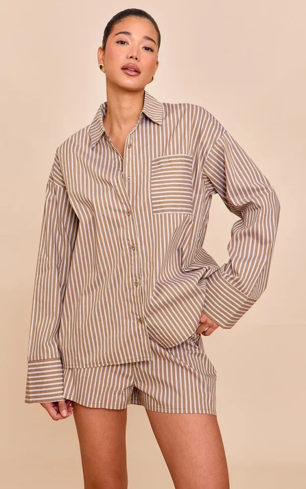 Olive Woven Pinstripe Balloon Sleeve Oversized Shirt