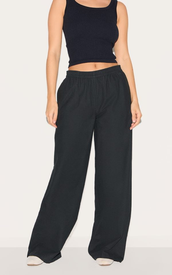 Black Cotton Linen Blend Elasticated Waist Straight Leg Pants