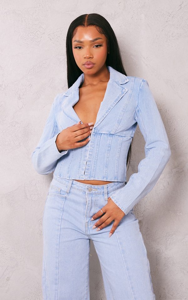 Light Blue Wash Corset Detail Cropped Denim Jacket