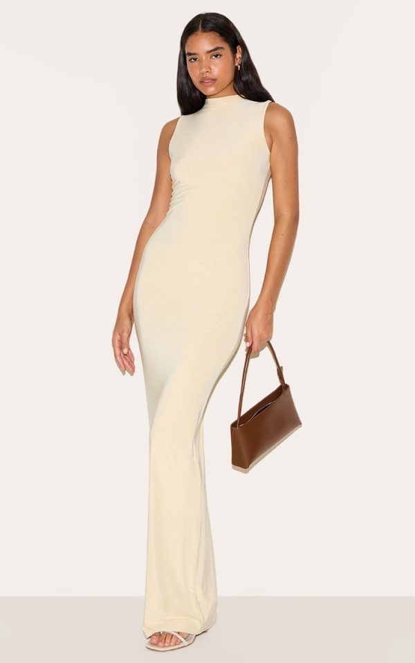 Tall Almond Double Layer High Neck Sleeveless Maxi Dress