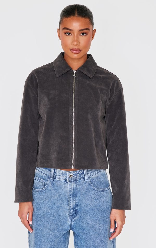 Charcoal Zip Up Faux Suede Jacket