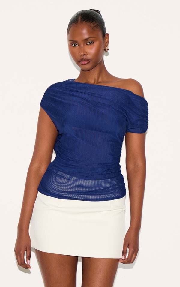 Navy Double Layer Mesh Ruched Detail Asymmetric Top