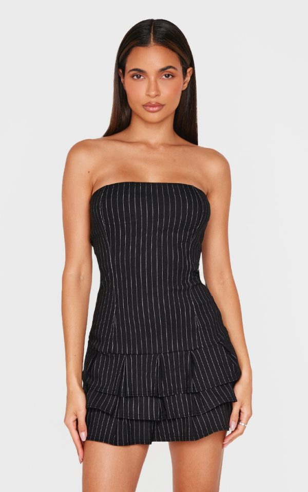 Black Stitch Detail Bandeau Frilled Shift Dress