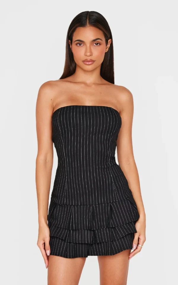 Black Stitch Detail Bandeau Frilled Shift Dress