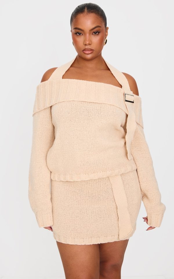 Plus Cream Knitted Fold Over Buckle Detail Sweater