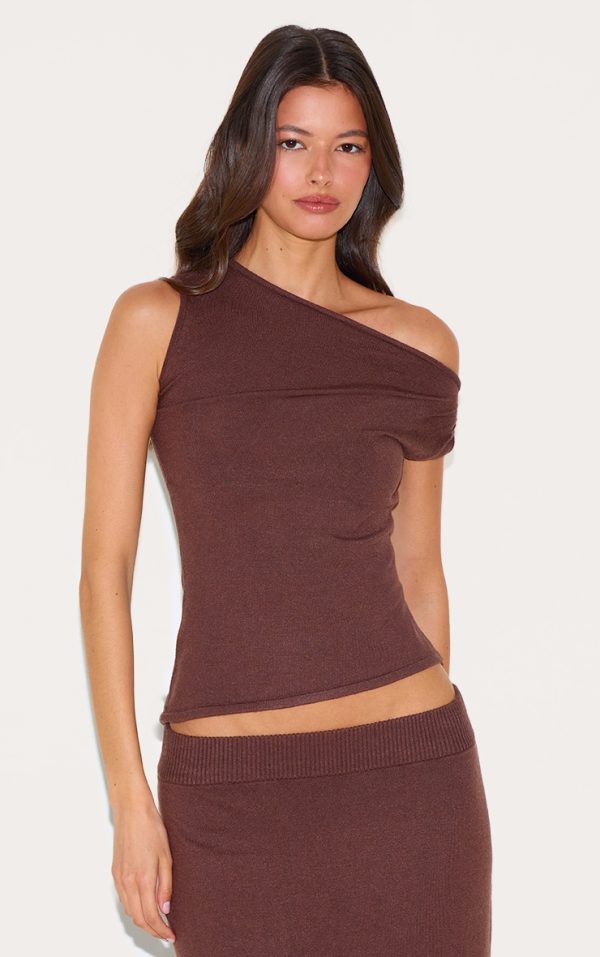 Chocolate Basic Knit Asymmetric Twist Sleeve Vest Top