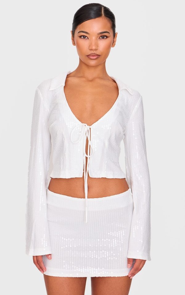 White Sequin Tie Front Detail Long Sleeve Shirt