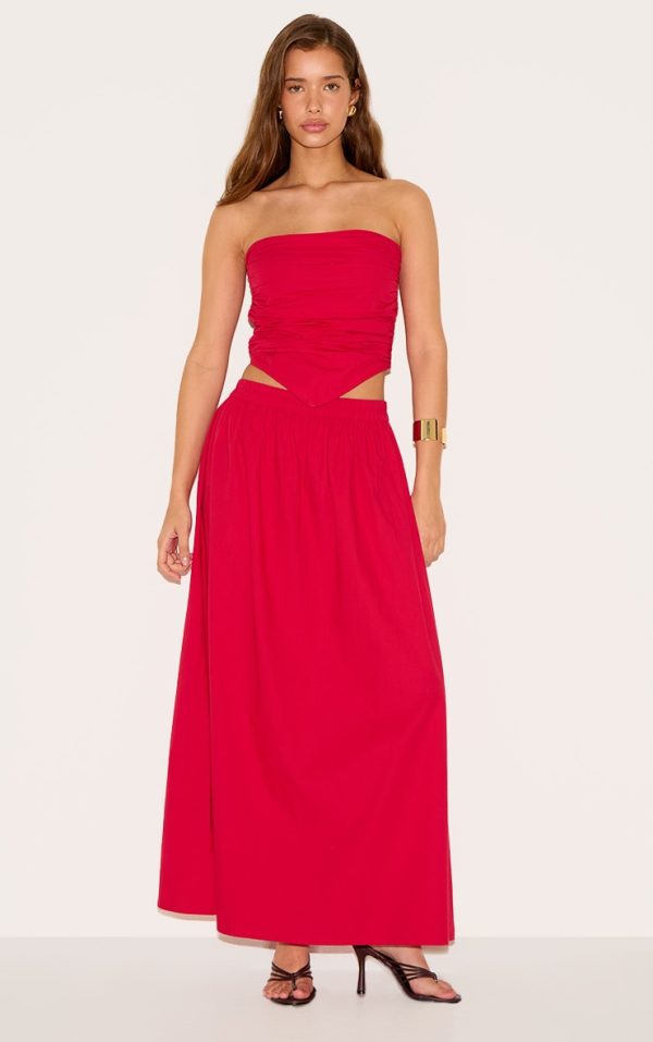 Tomato Red Cotton Poplin A Line Low Rise Maxi Skirt
