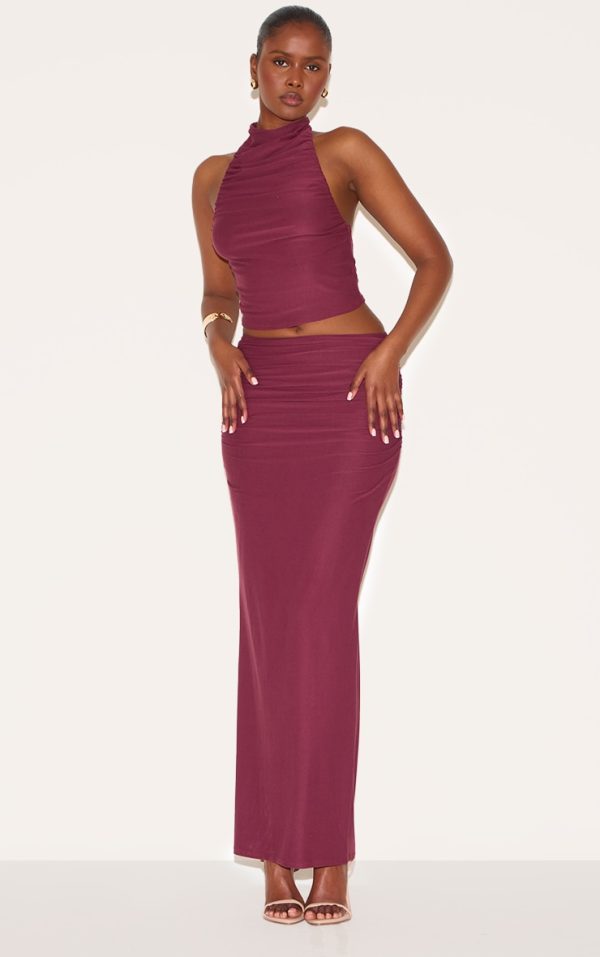 Wine Soft Touch Ruched Maxi Skirt