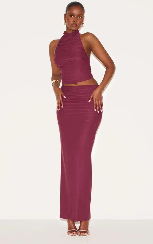 Wine Soft Touch Ruched Maxi Skirt