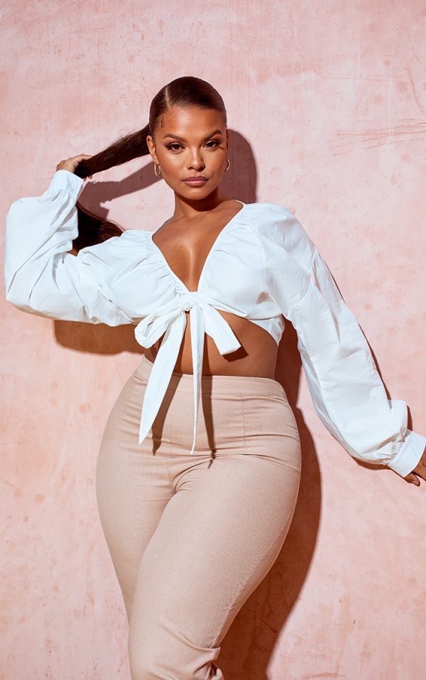 Plus White Tie Front Ruched Blouse