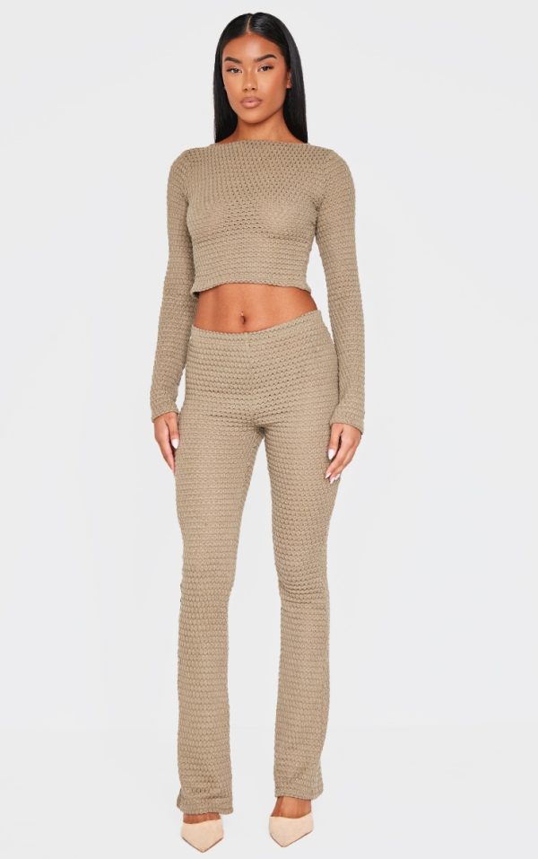 Khaki Textured Mid Rise Skinny Flare Pants