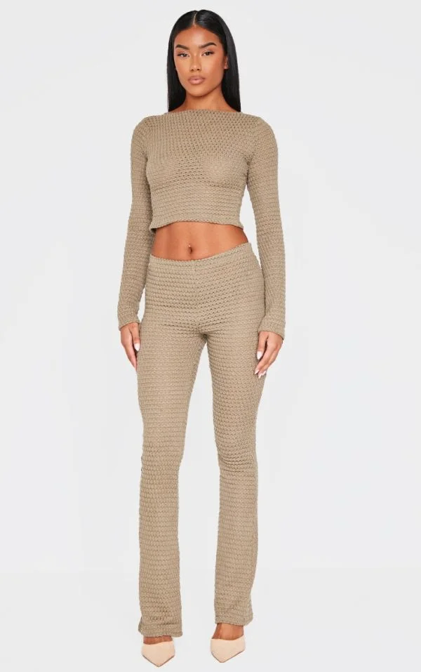 Khaki Textured Mid Rise Skinny Flare Pants