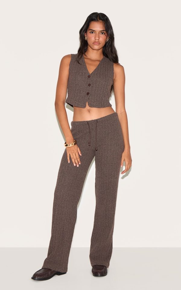 Chocolate Distressed Textured Rib Low Rise Drawstring Wide Leg Pants