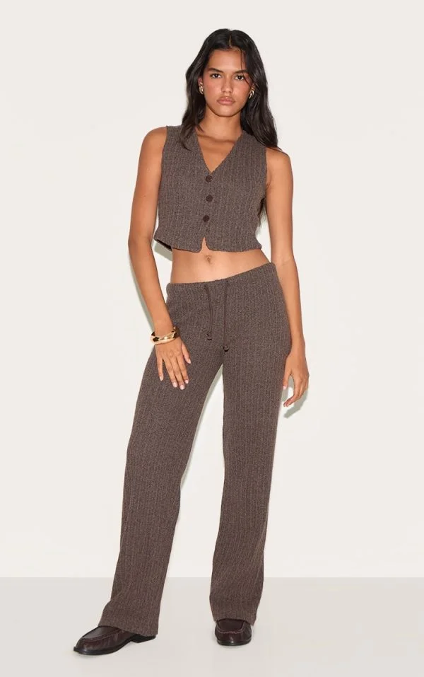 Chocolate Distressed Textured Rib Low Rise Drawstring Wide Leg Pants