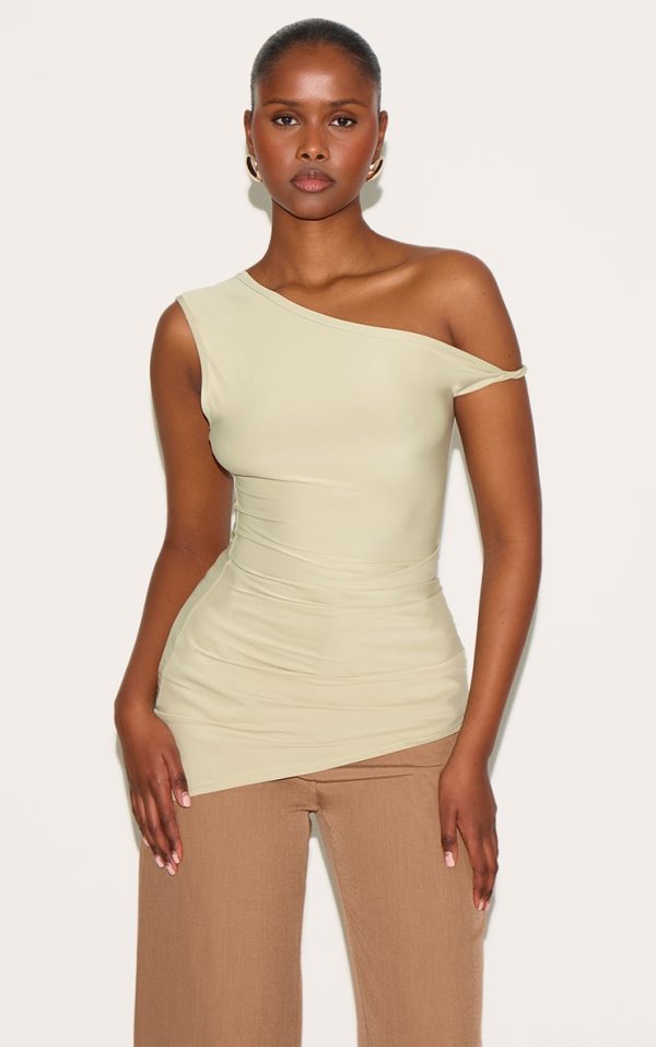 Clay Ruched Detail Asymmetric Slinky Long Top