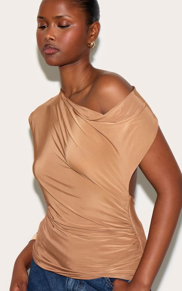 Tan Double Layer Slinky Backless Asymmetric Long Top