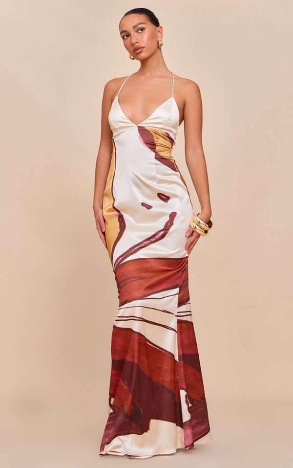 Beige Floral Print Satin Tie Back Maxi Dress