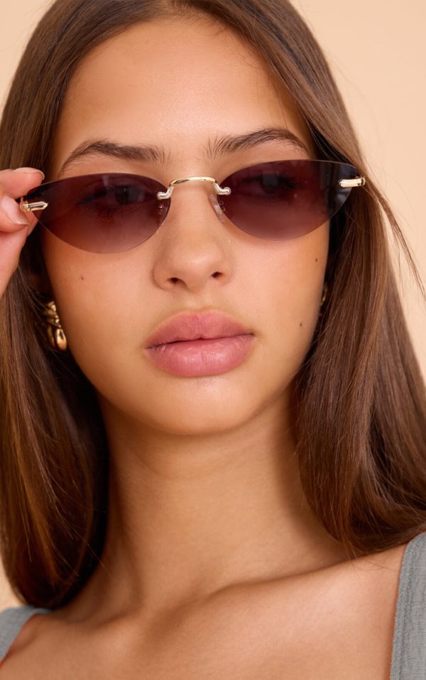 Gold Skinny Cat Eye Plum Lens Sunglasses