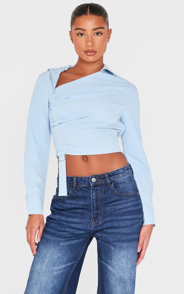 Blue Ruched Buckle Asymmetric Shirt