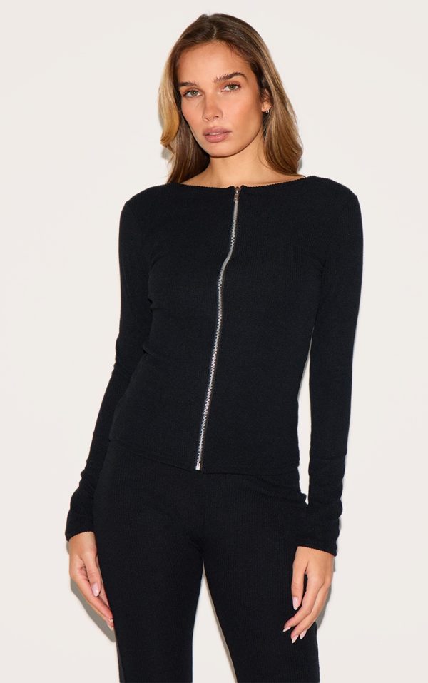 Black Rib Longline Zip Up Top