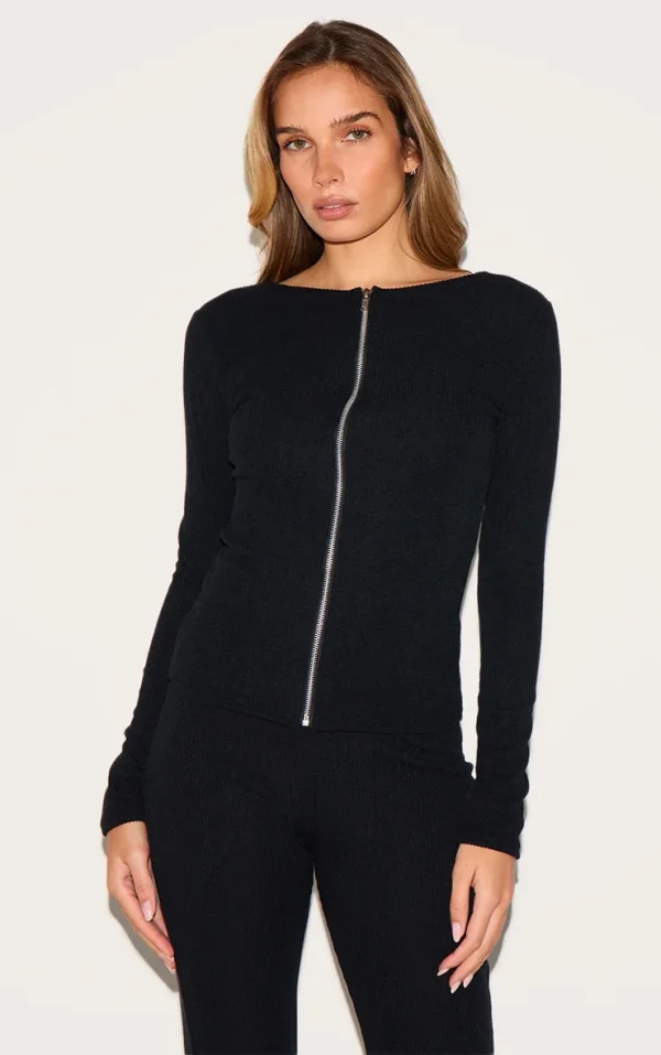 Black Rib Longline Zip Up Top