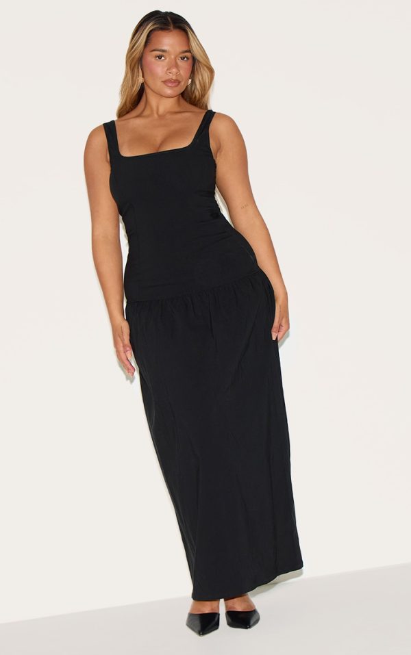 Shape Black Stretch Woven Square Neck Dropped Hem Maxi Shift Dress