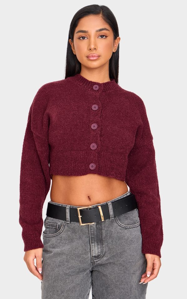 Petite Burgundy Knitted Button Up Cardigan