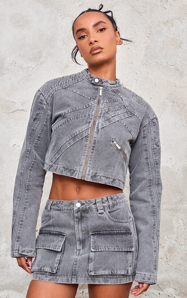 Washed Grey Seam Detail Shoulder Padded Racer Cropped Denim Jacket