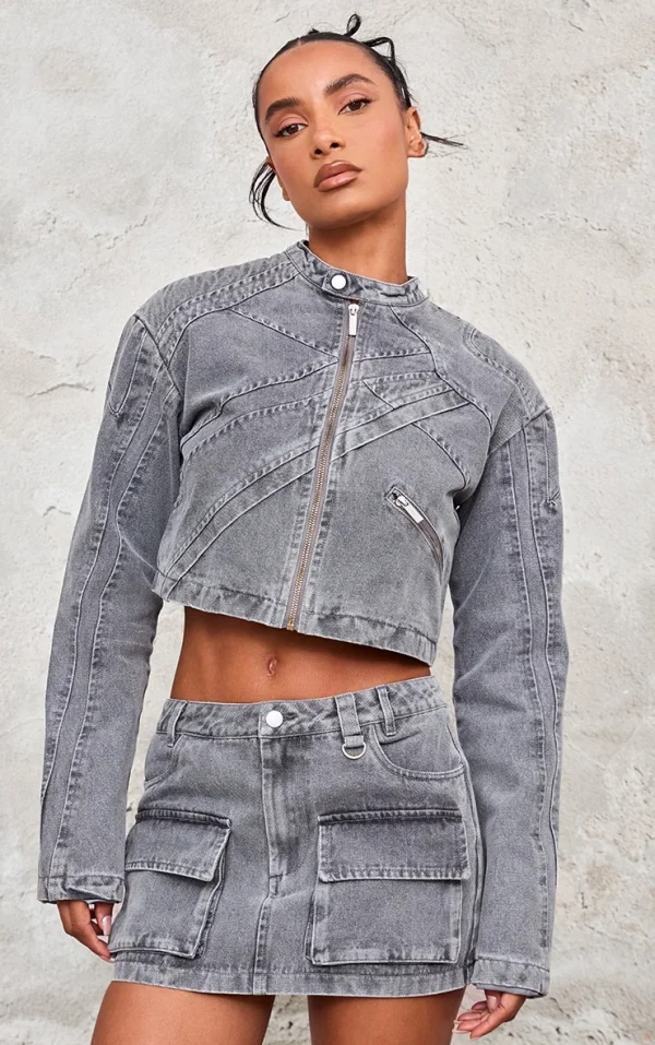 Washed Grey Seam Detail Shoulder Padded Racer Cropped Denim Jacket