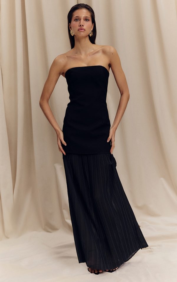 Black Bandeau Pleated Chiffon Skirt Panel Maxi Dress
