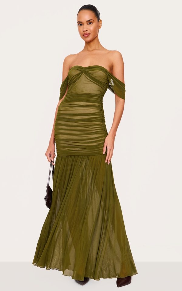 Olive Mesh Bardot Ruched Detail Maxi Dress