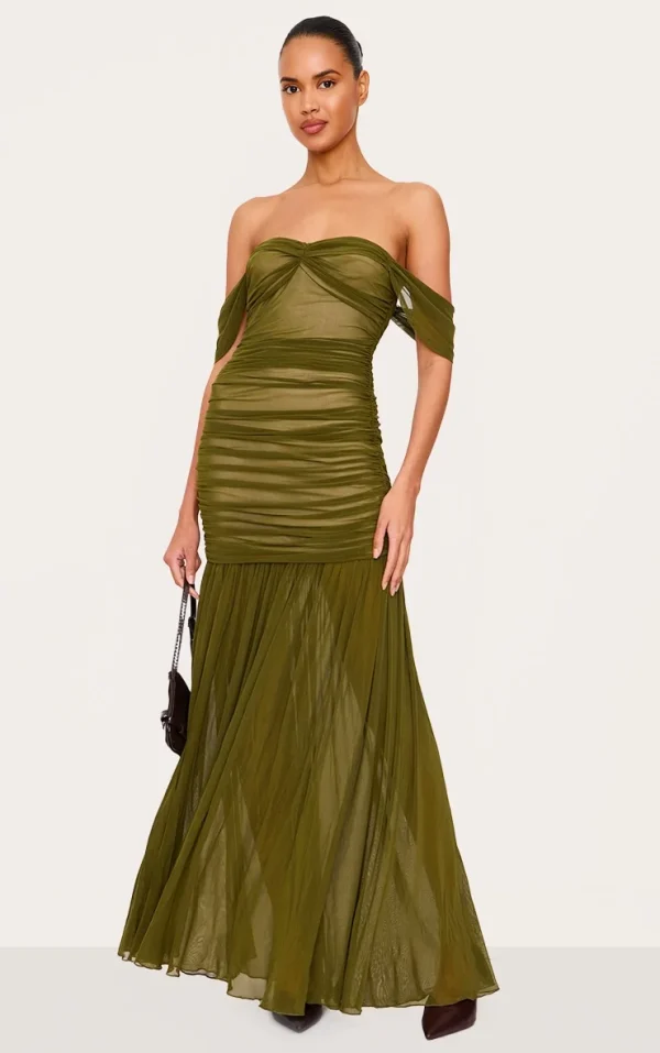 Olive Mesh Bardot Ruched Detail Maxi Dress