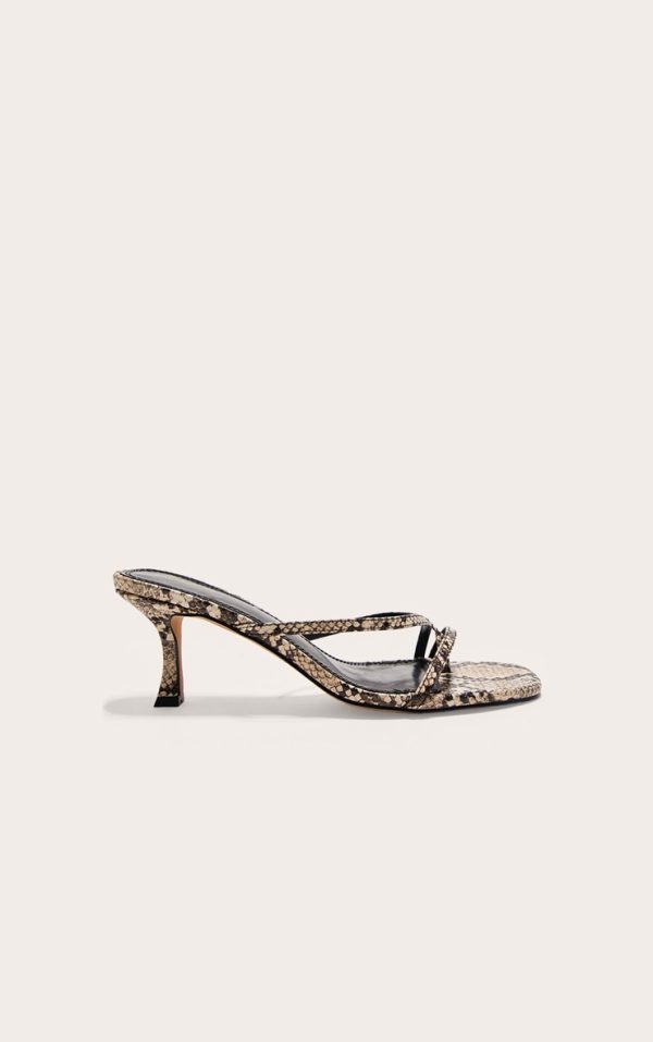 Snake PU Square Toe Strappy Toe Thong Mid Stiletto Heeled Mules